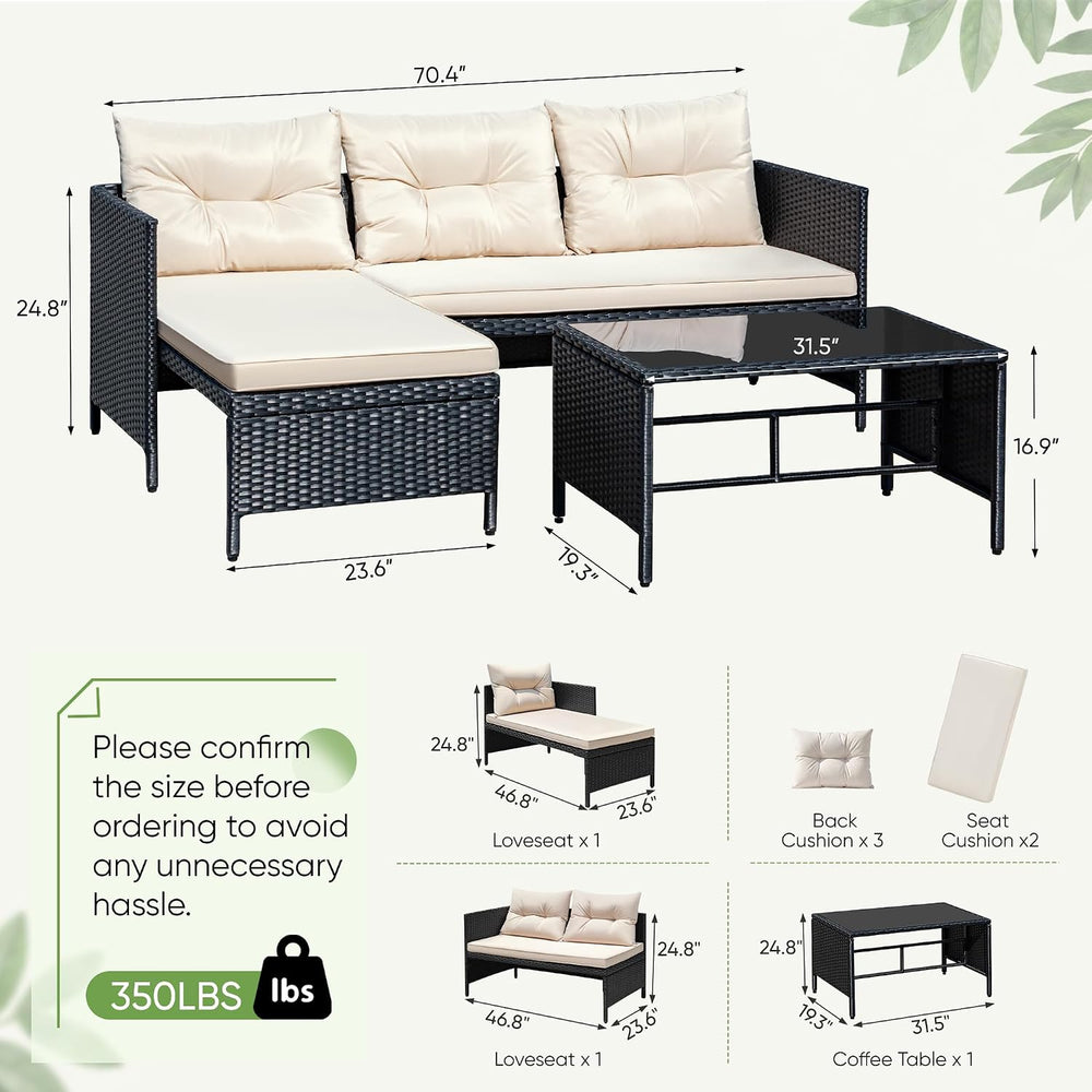 Greesum Patio Furniture Set 3 Piece Outdoor Wicker Sectional Sofa,Beige