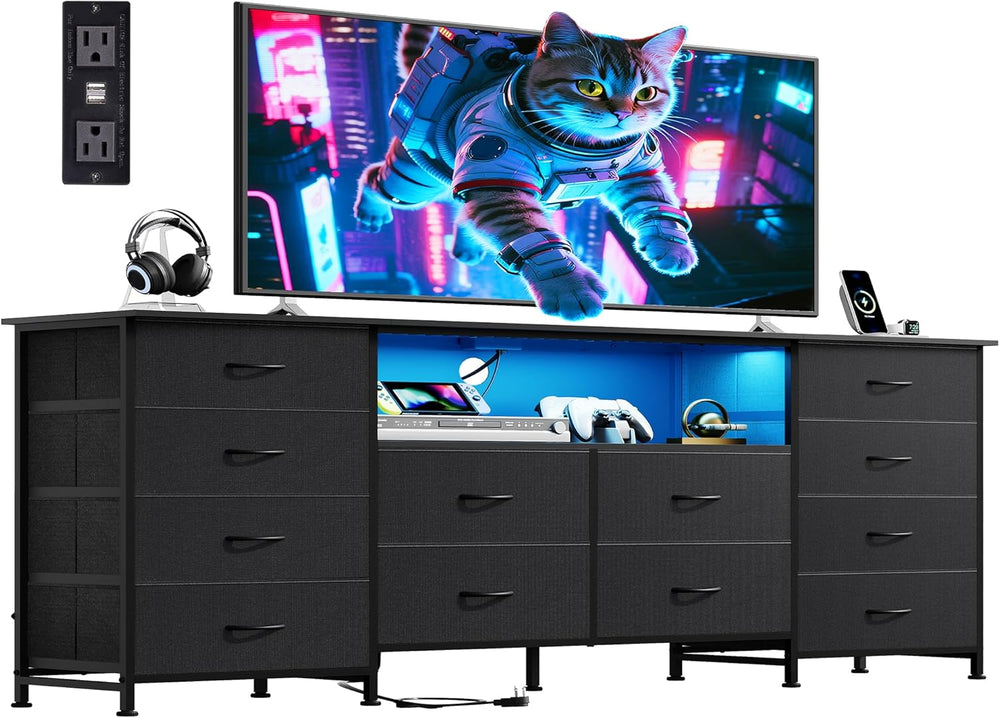 WLIVE LED Dresser TV Stand for 75 Inch TV, 12 Drawers, Black