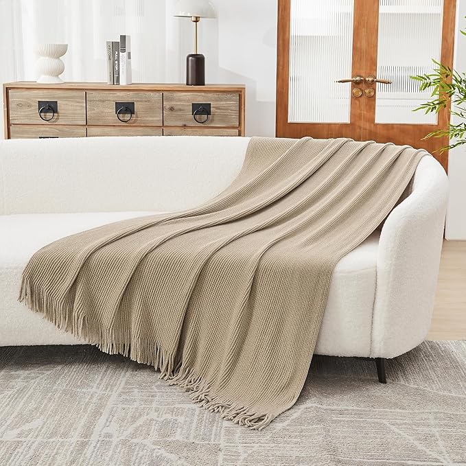 lifein Throw Blanket for Couch, Soft Boho Decor Bed Throw, Cozy Beige Knitted - Image 4