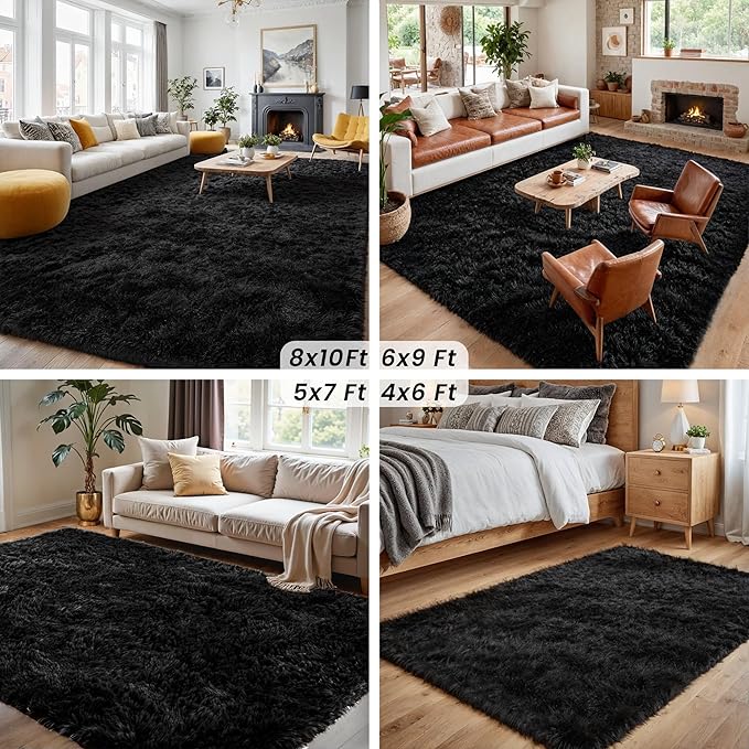 2x6 Bedside Area Rugs for Bedroom: Soft Fluffy Shag Black Rug for Hallway - Image 6