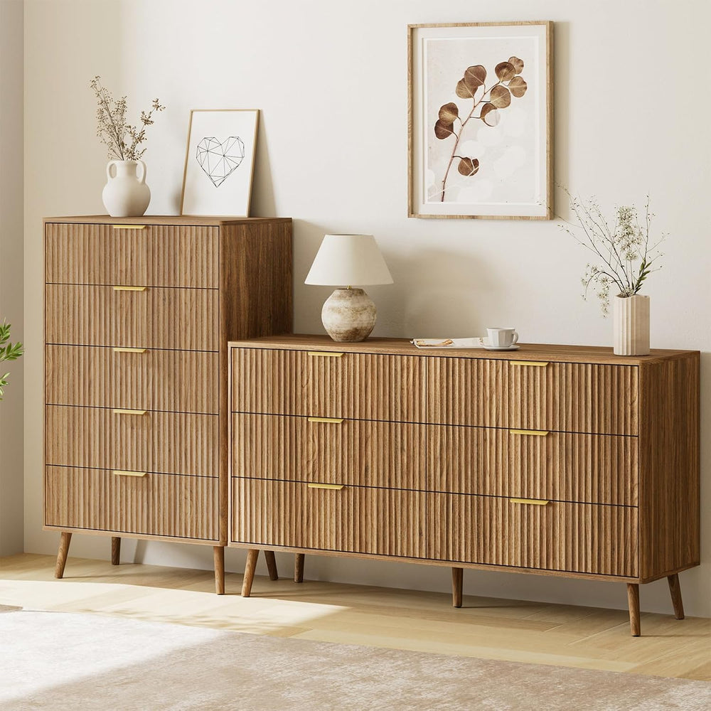 LYNSOM Fluted 5 Drawers Dresser, 45" Tall Modern Chest of Drawers with C...