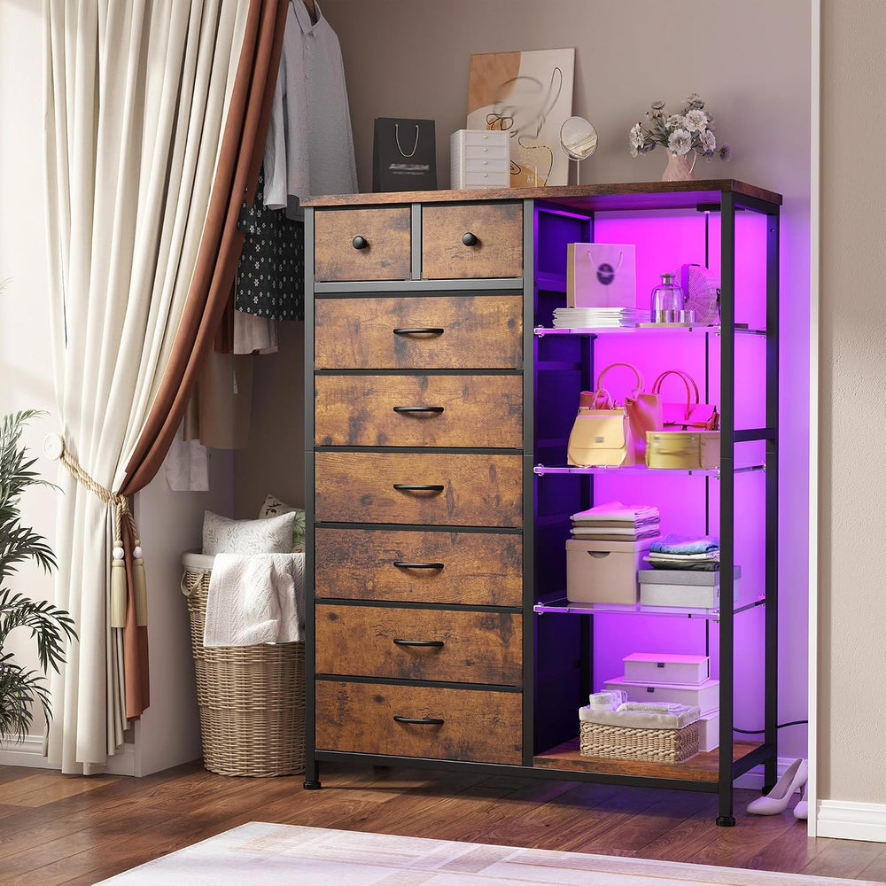 EnHomee Dresser with LED Lights & Power Outlets, 8 Drawers, 54" H, B...
