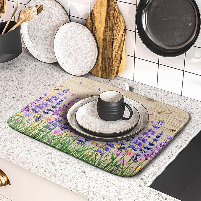Lavender Floral Dish Drying Mat 16x18 inch Spring Summer Flower Decorative Fast - Image 5