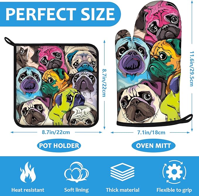 Colorful Pug Dog Face Oven Mitts and Pot Holders Sets Heat Resistant 4Pcs - Image 2