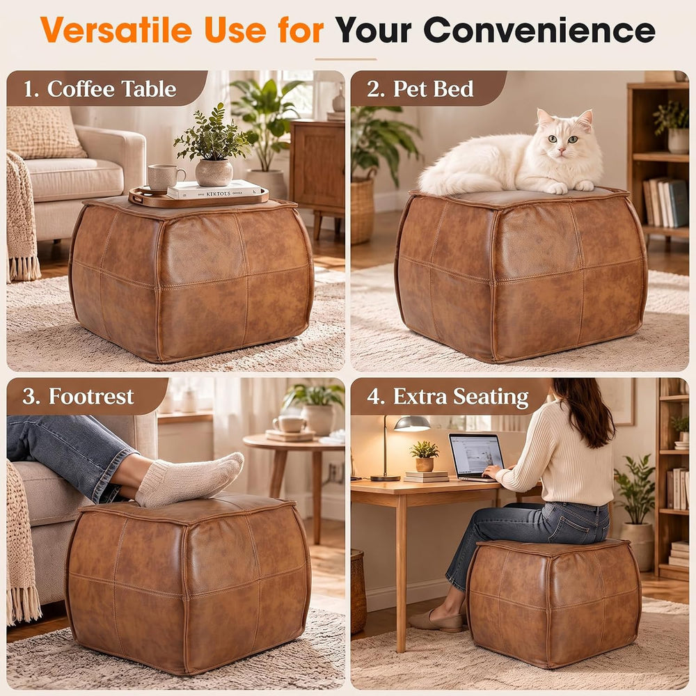 Genuine Leather Square Ottoman,Pouf for Living Room (Brown, Square)