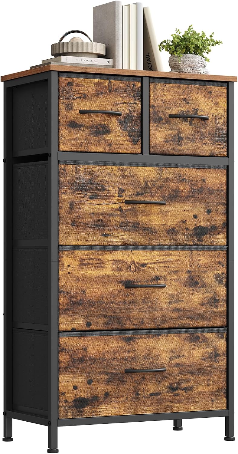 SONGMICS Tall Dresser for Bedroom, 5 Fabric Drawers with Steel Frame