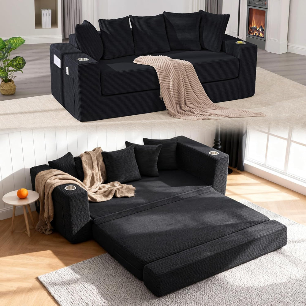 76" Convertible Sofa Bed, Corduroy Boneless Couch with Cup Holders &...