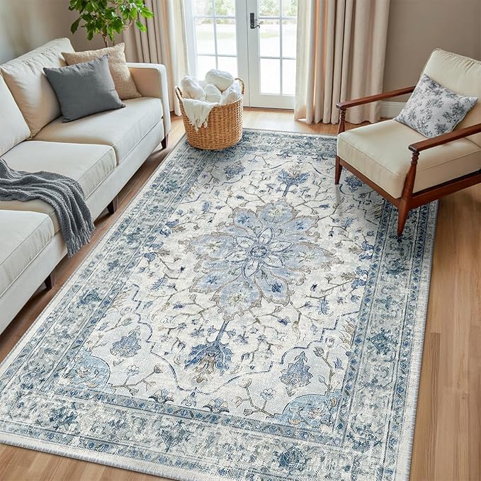 Area Rugs 5'x8' Washable Non-Slip, Floral Vintage Distress Print Pattern by RELEANY