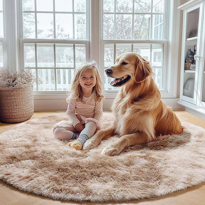 ONASAR Tie-Dye Beige Round Area Rug 4ft, Soft Bedroom Circle Rugs Floor Mats - Image 7