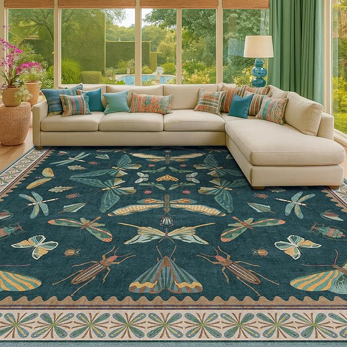 Insect Boho 7X9 Washable Living Room Rug by HazoHaus