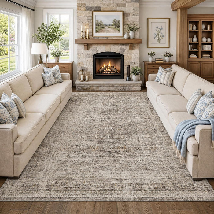 FMFUNCTEX 9x12 Washable Taupe Vintage Distressed Area Rug for Living Room