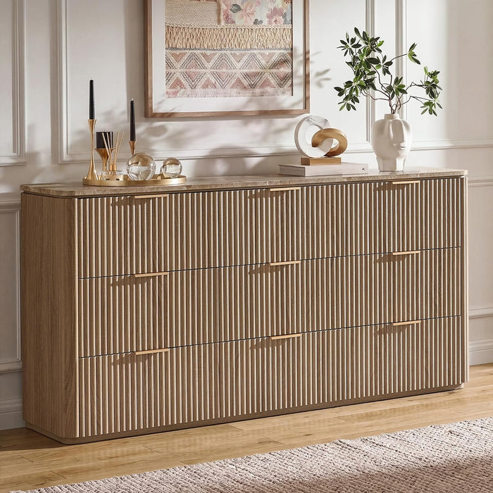 63"W Fluted 9 Drawer Dresser for Bedroom, Large Modern Dresser, Natural Oak