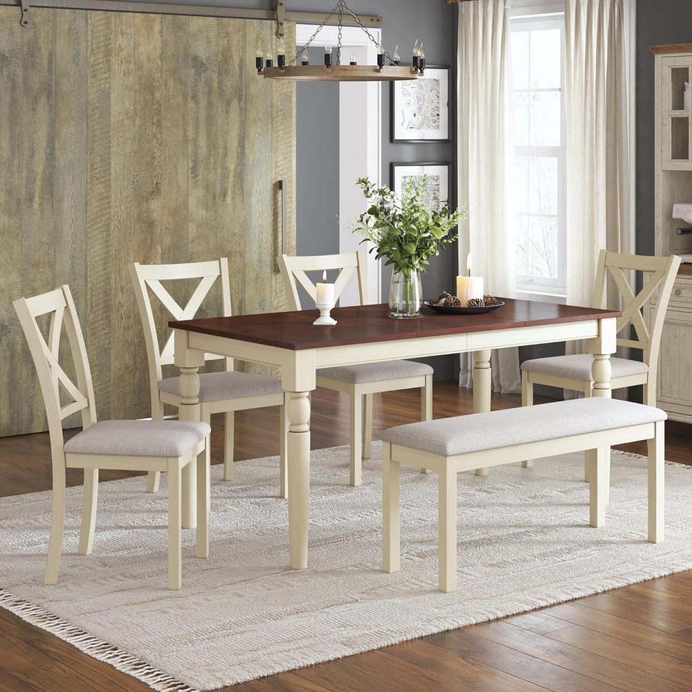 AMERLIFE 6-Piece Farmhouse Dining Table Set for 6-7, 60" Solid Wood Kitc...