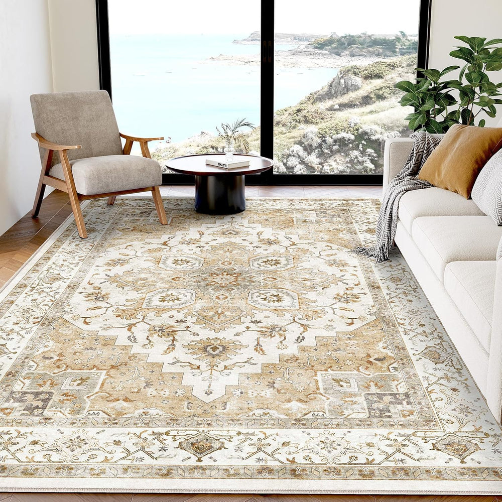Amada 5x7 Washable Area Rug for Living Room, Beige, Vintage Pattern