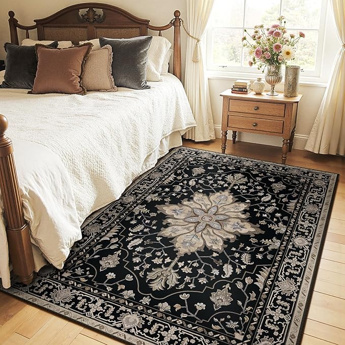 Area Rugs 5'x7' Washable Non-Slip, Floral Vintage Distress Print Pattern - Image 2