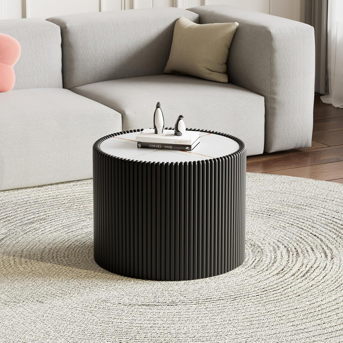 17.7-Inch Round End Table for Living Room Office, White Faux Marble Tabletop, Black Fluted PU Leather Covered, Modern Round Sofa Side Table Small Coffee Table, 17.71''Dia x 17.71''H
