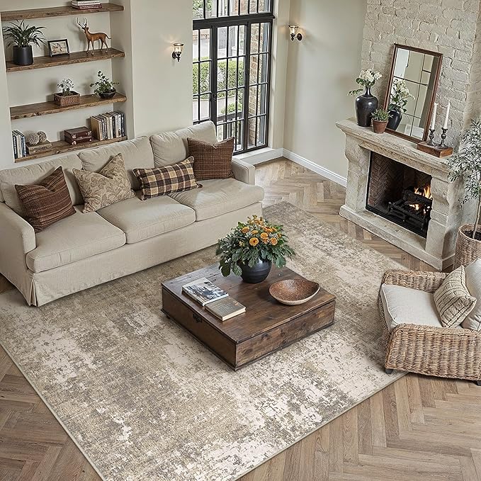 Beige Area Rug 8x10 Machine Washable Modern Abstract Living Room Carpet Non - Image 2