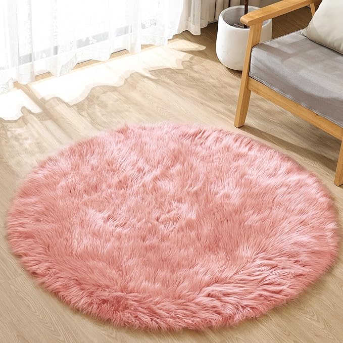 ORINOVA Pink Plush Round Rugs 6ft Large Washable Faux Fur Area Rugs - Image 2