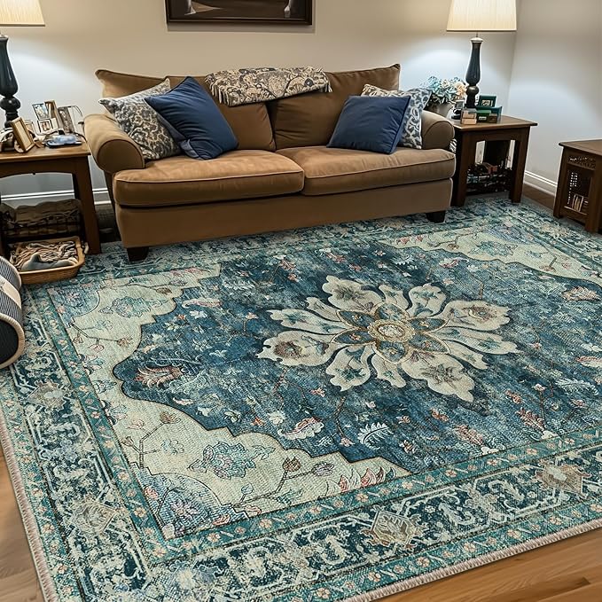 Area Rugs 5'x7' Washable Non-Slip, Floral Vintage Distress Print Pattern by RELEANY