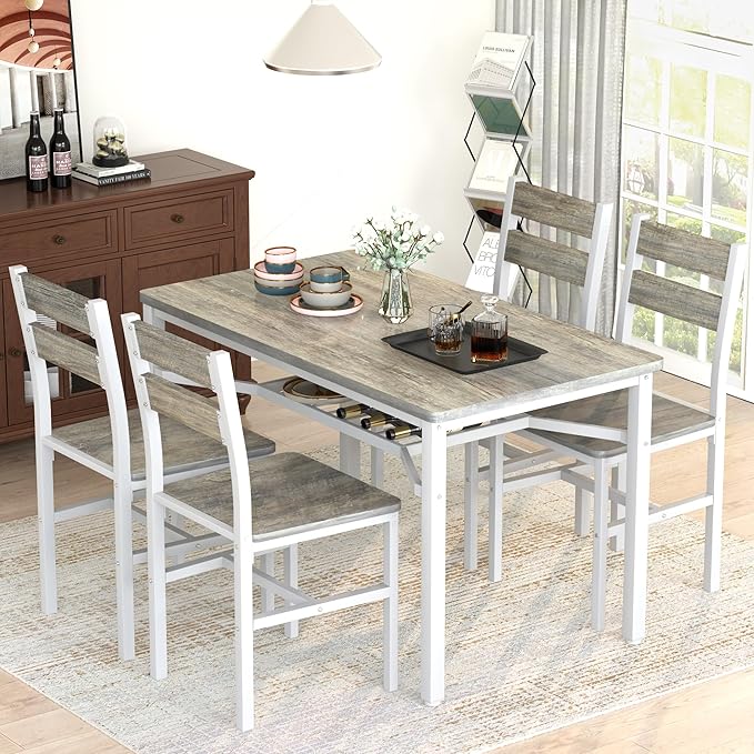 Hooseng Dining Table Set for 4, Wood Kitchen Table Chairs Set with Storage, F...