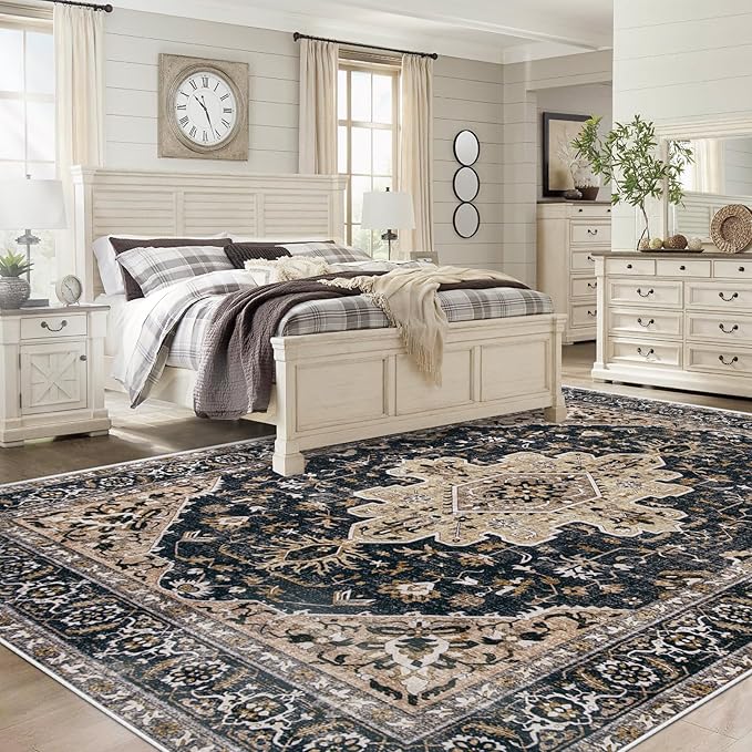 Area Rugs 9x12 Vintage Rug: Large Washable Living Room Rug Retro Medallion - Image 3