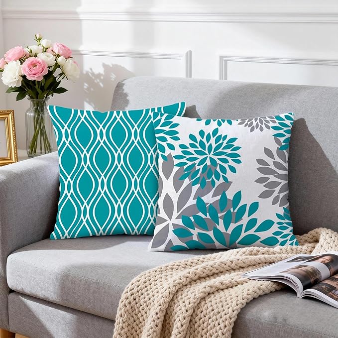Hexagram Geometric Teal Pillow Covers 20x20 Set of 4, Decorative Outdoor Boho - Image 3