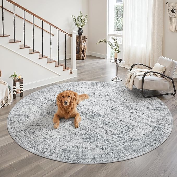 Soalmost 9x9 Grey Round Rug 9ft Living Room Circle Rug Vintage Round Area Rug - Image 9