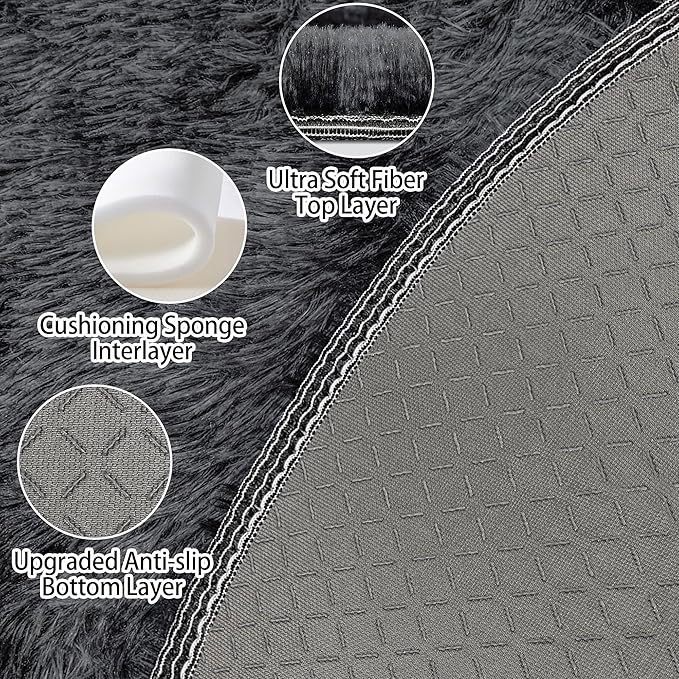 7x7 ft Tie Dye Black Round Rug for Bedroom Room Fluffy Circle Rug Furry Carpet - Image 4
