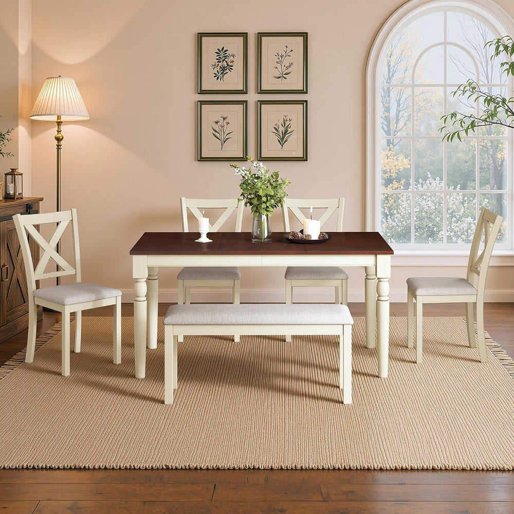 LUXOAK 6 Piece Solid Wood Dining Table Set with 60" Farmhouse Table