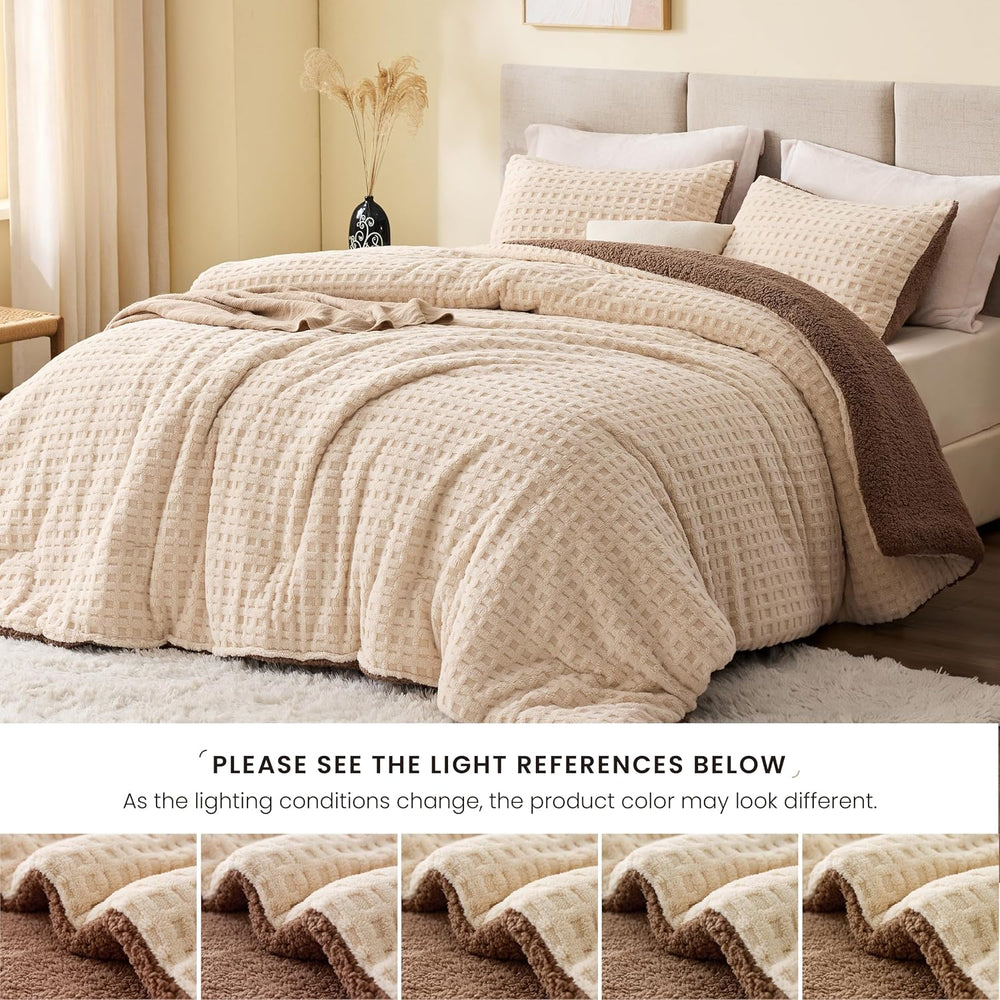 Taffeta Sherpa Comforter Set King 3 Pieces,Khaki&Brown