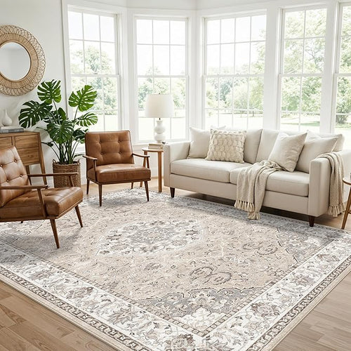 7x10 Area Rug for Living Room: Washable Neutral Vintage Large Rugs for Bedroom by HYHAOYUNLAI