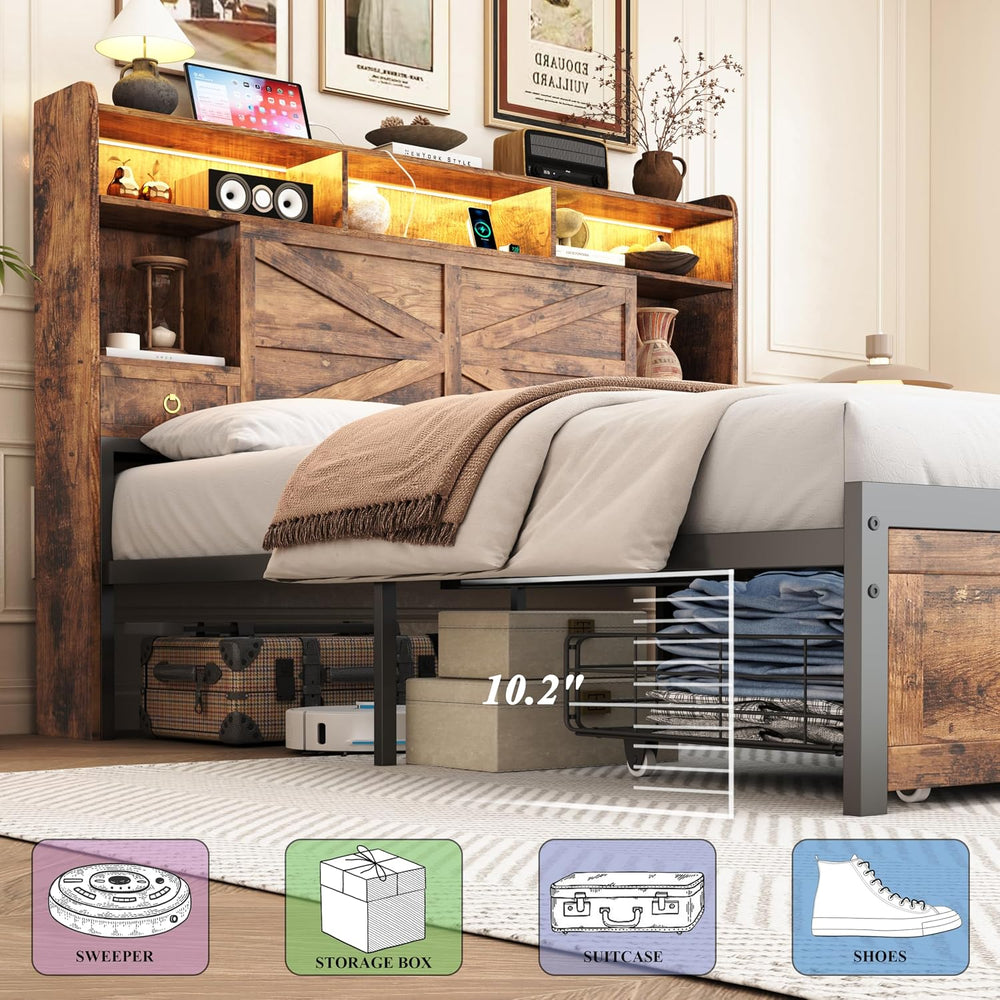 Full Bed Frame with 4 Drawers Bookshelf Headboard, Farmhouse Bed Frame with C...