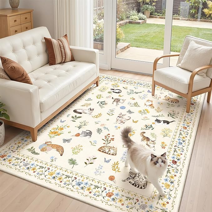Cat 3x5 Area Rugs for Entryway, Machine Washable Animal Floral Accent Rug - Image 9