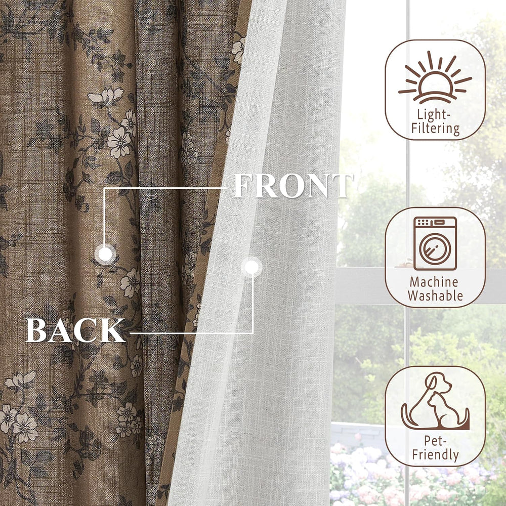 StangH Brown Linen Curtains Floral Print, W52 x L84, 2 Panels