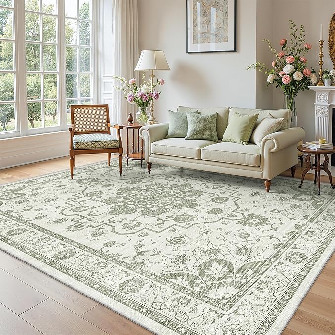 Madane 9x12 Area Rugs for Living Room, Machine Washable Vintage Green Rug by Madane