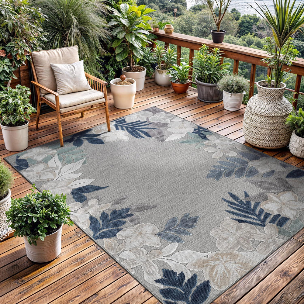 Outdoor Rug 6x9 Washable Area Rugs Indoor Outdoor Carpets Blue Border Floral ...