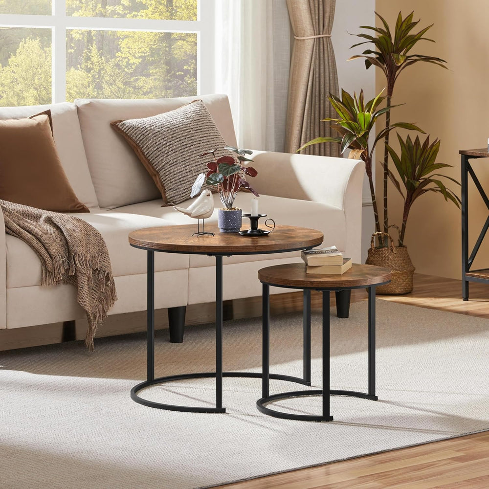 Yaheetech Small Round Nesting Coffee & Side Table Set of 2, Rustic Brown ...
