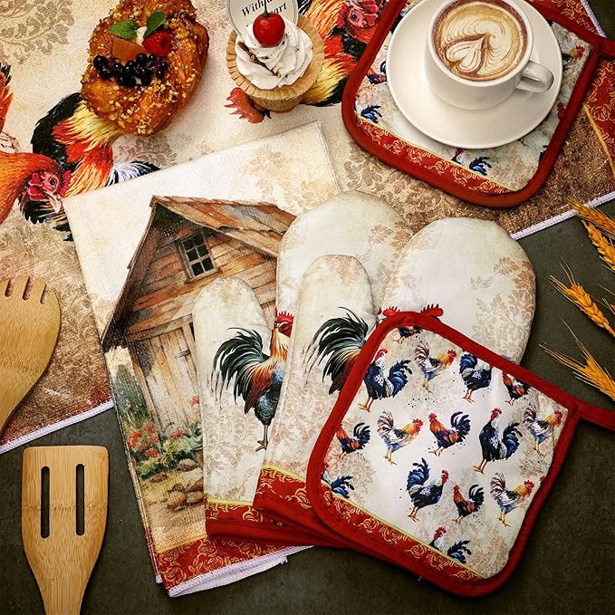 Leinuosen 6 Rooster Farmhouse Kitchen Decor Dish Towels Oven Mitts and Pot - Image 7