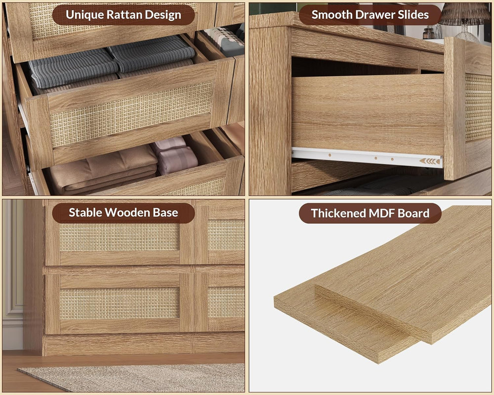 Garvee Rattan 6-Drawer Dresser for Bedroom - Slim Wooden Chest of Drawers, Du...