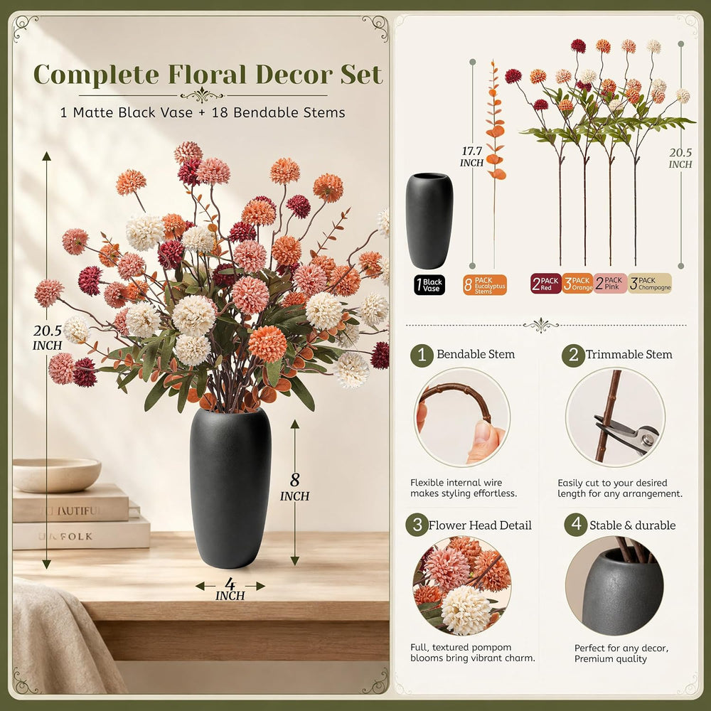 Der Rose Fall Artificial Flowers with Vase, 18 Pcs Silk Mums for Home Decor