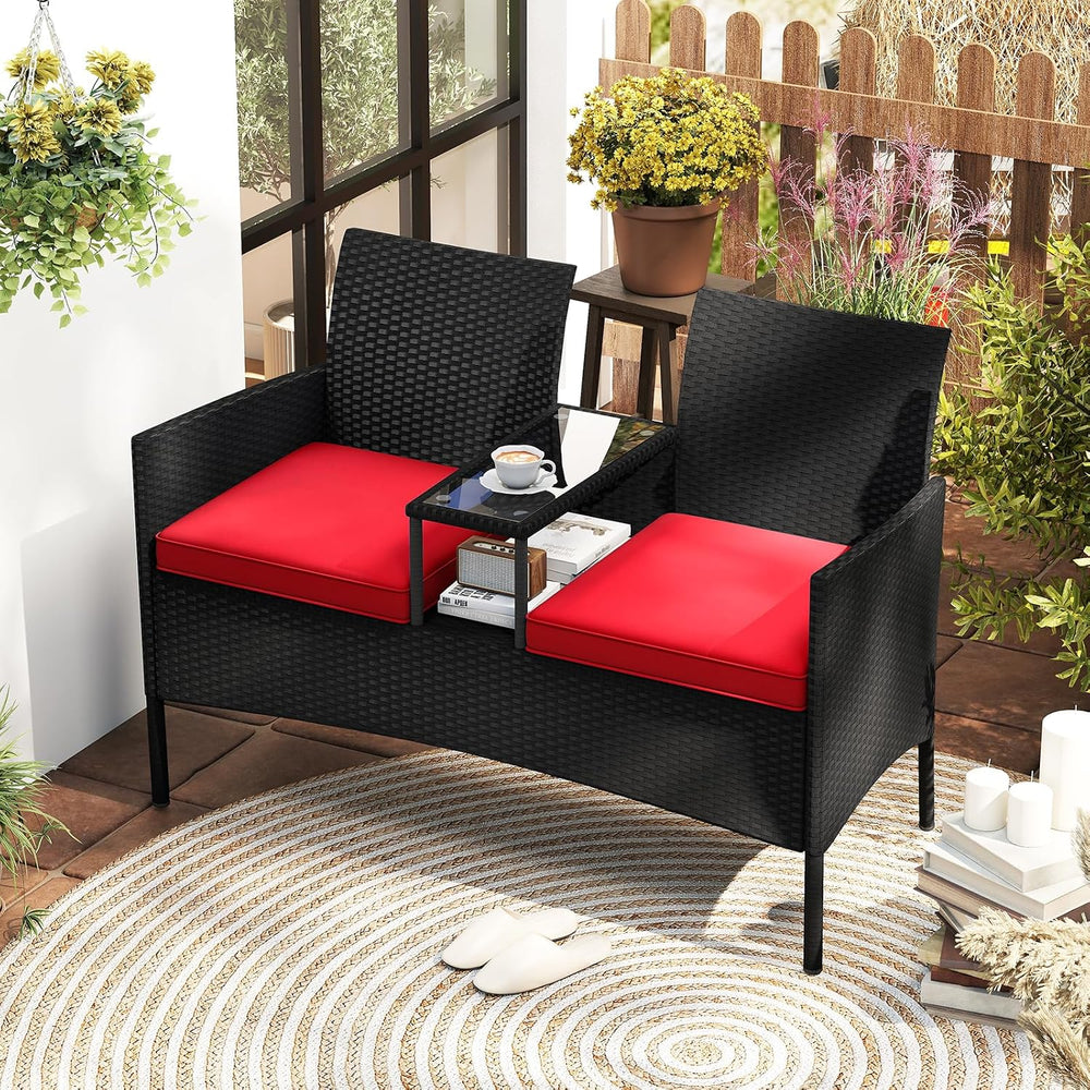 Tangkula Patio Loveseat with Built-in Table, Wicker 2-Seat Furniture with Sof...