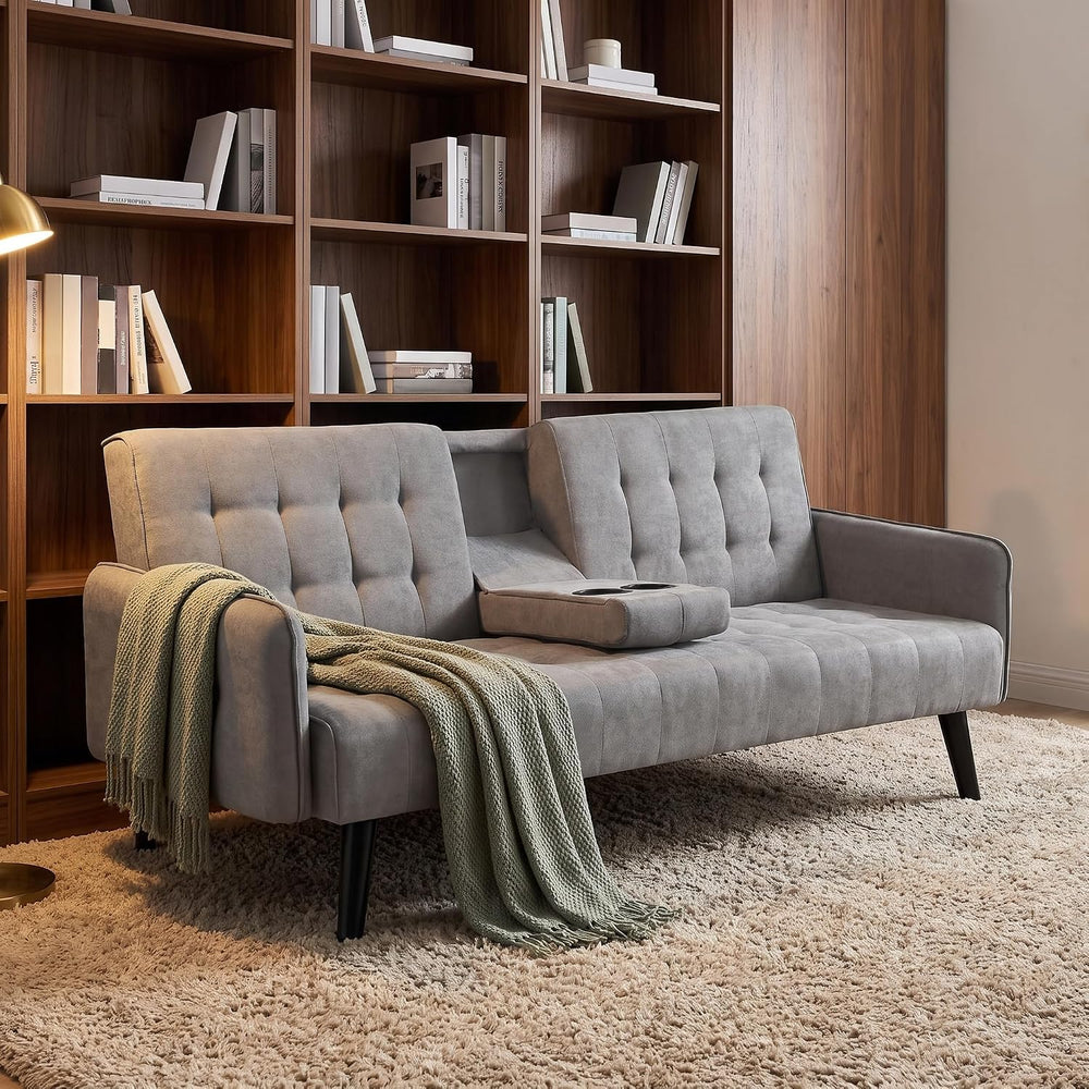 72" Futon Sofa Bed, Convertible Sleeper Sofa with Cup Holder, Gray