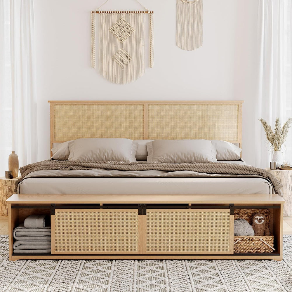 GarveeHome Natural Rattan Queen Size Bed Frame with Storage Cabinets