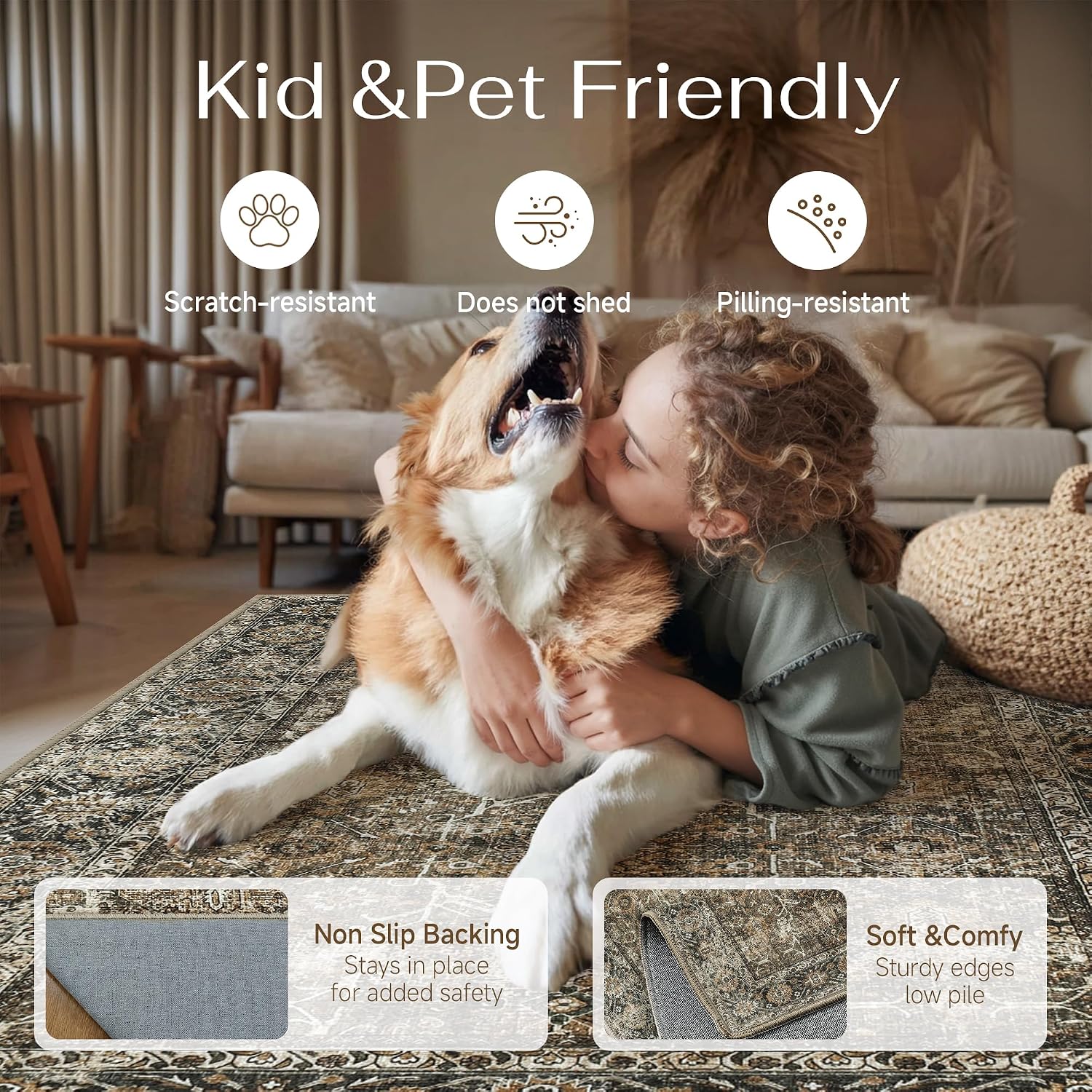 Brown Kitchen Rug Set 2 Piece 2x3+2.6x8 Vintage Distressed | Washable, Non Slip, Low Pile, Floor Mats for Entryway, Kitchen, Bathroom, Laundry Room, Farmhouse Decor