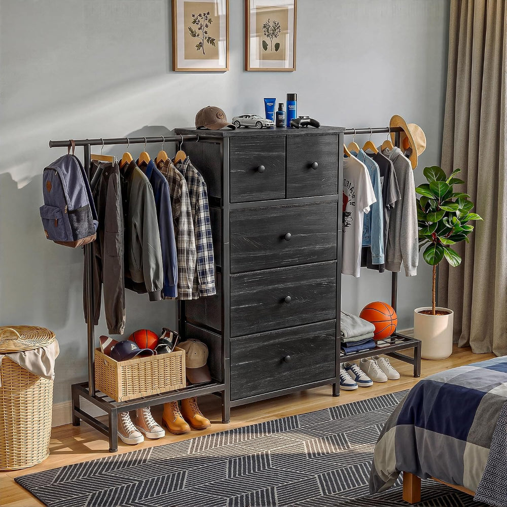 3-in-1 White Dresser with Hanging Rack, 5 Drawers & 2 Shoe Racks
