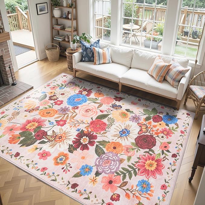 Light Pink Area Rugs 10x14 Living Room, Non Slip Machine Washable Floral Rugs - Image 6