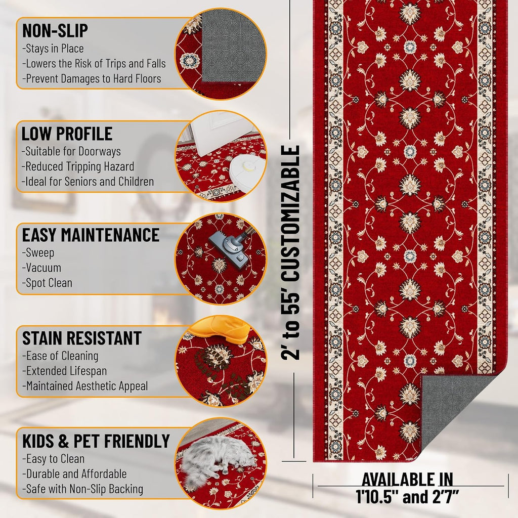 Ottomanson 3-Piece Machine Washable Indoor Doormat & Entryway Floor Mat Set, Non Slip Front Door Rugs, Low Profile, 31" x 24" + 31" x 48" + 31" x 60", Mahal Red
