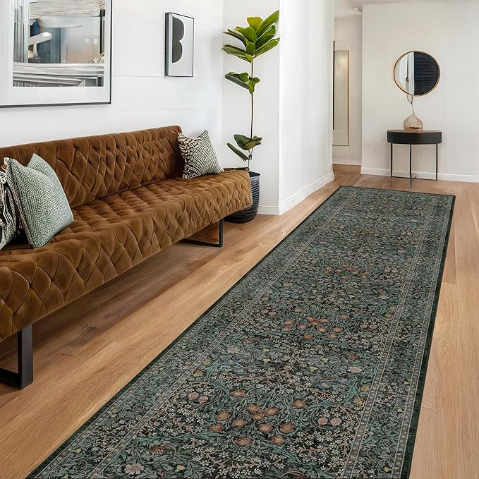 Dark Green Washable 3x12 Extra Long Runner Rug by HazoHaus