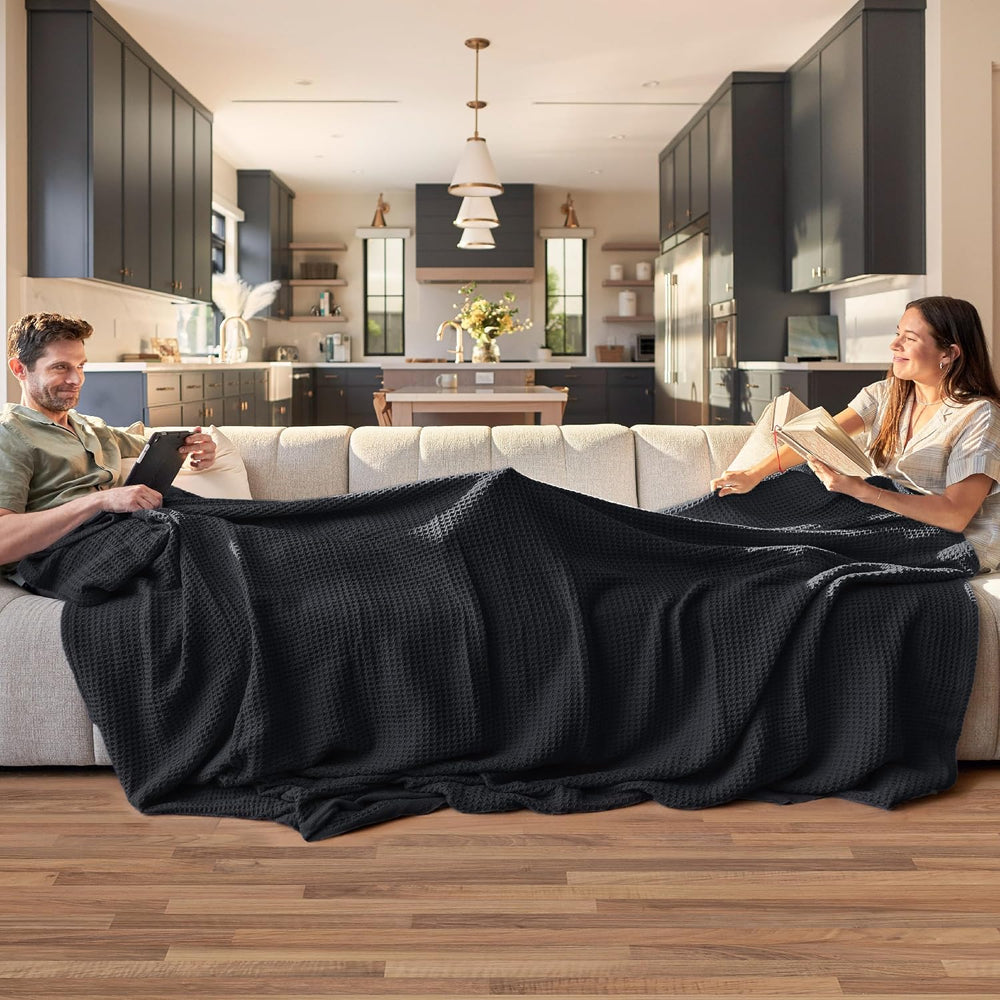 Bedsure 100% Cotton Blanket, Waffle Weave, Queen Size, Black, 90"x90"