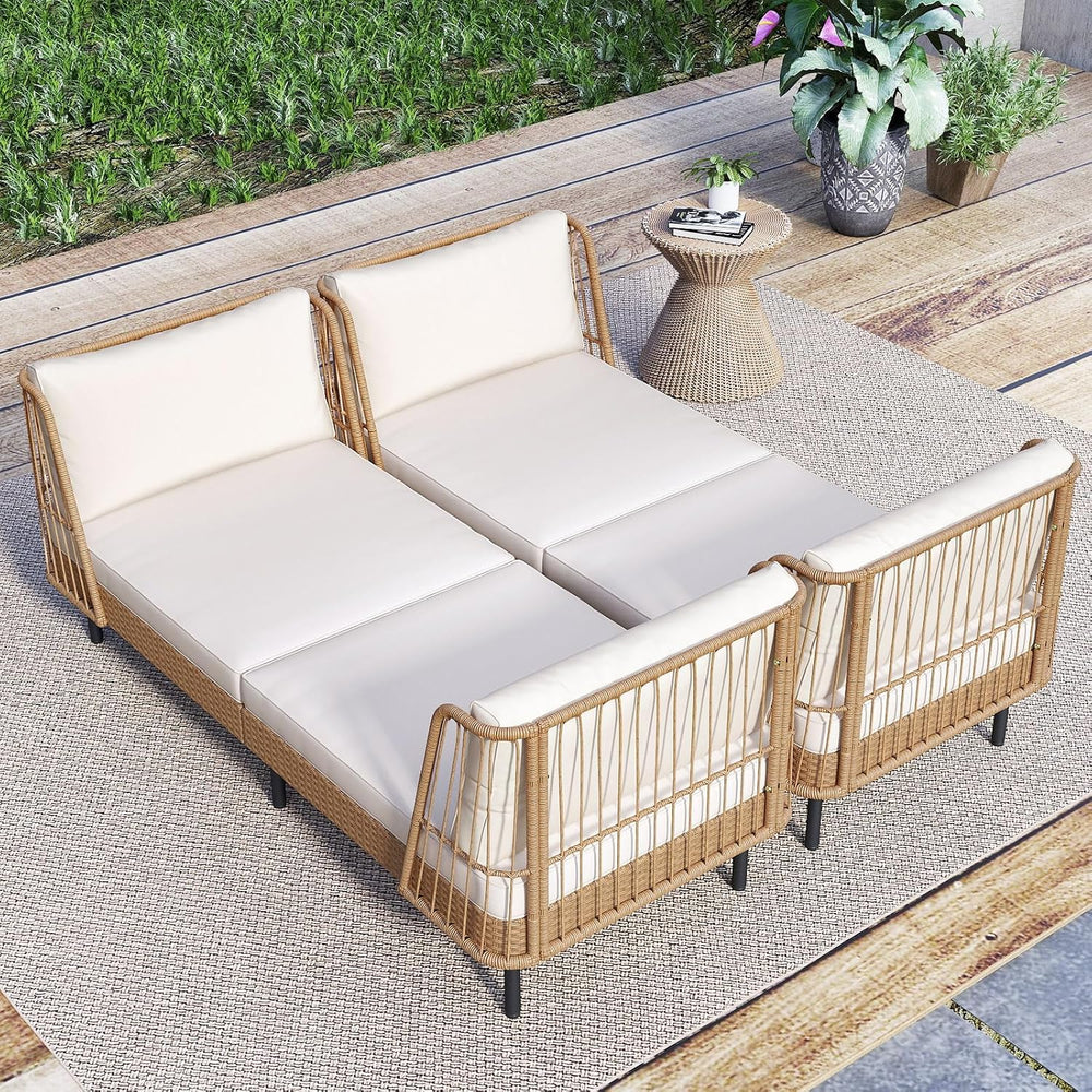 Tangkula Patio Rattan Daybed, Boho Wicker Lounge Sofa, Natural & Off White